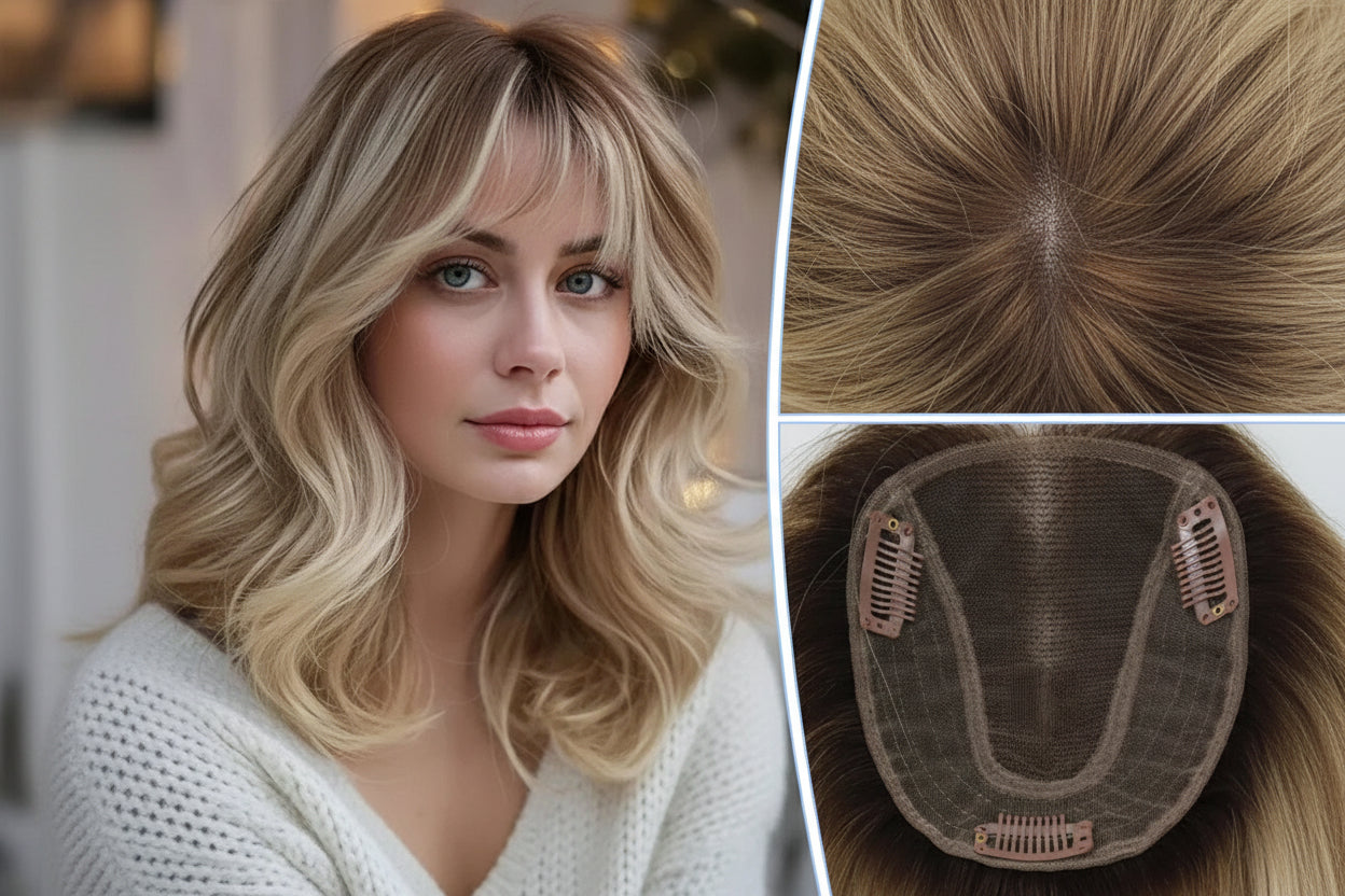 Swiss Lace 100% Human Hair Topper. Remy Human Hair. Clips Ins Extensions